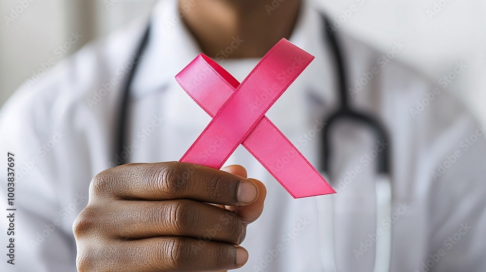 Aufkleber Healthcare worker presenting a red ribbon to a patient during an HIV support consultation in a calm and supportive environment Large space for text in center Stock Photo with copy space