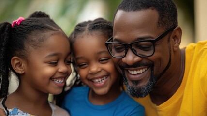 Happy father enjoying playful moments with his daughters, smiling and bonding together.