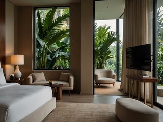 Entering a luxurious hotel suite showcasing modern, minimalist bedroom design with a tropical view.