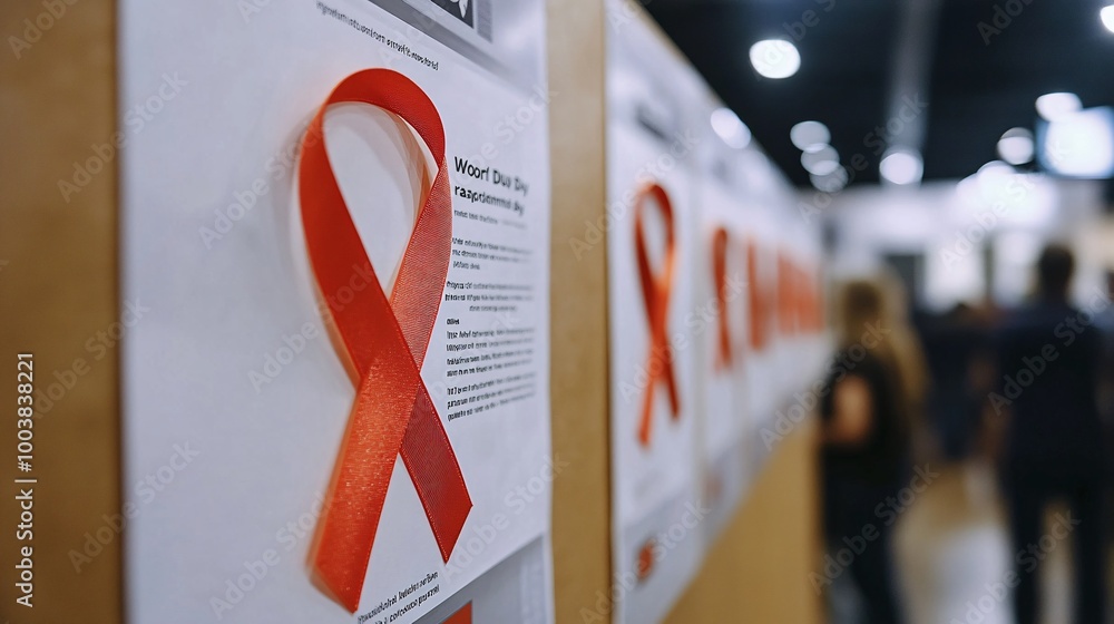 Poster Close-up of red ribbons hanging from a display board at a World AIDS Day event showing the commitment to raising awareness Large space for text in center Stock Photo with copy space