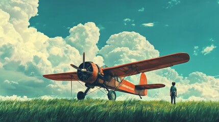 Steam plane in the sky, lawn below, children standing on International Civil Aviation Day.