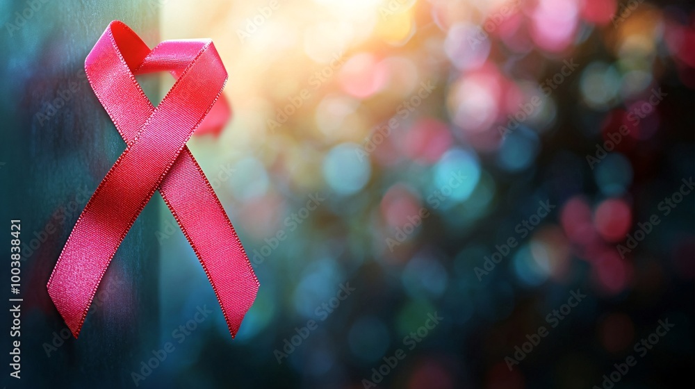 Poster close-up of red ribbons hanging from a display board at a world aids day event showing the commitmen