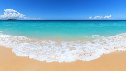 Obraz premium Tropical Paradise Tranquil Turquoise Ocean Waves Crashing on Golden Sandy Beach Under Blue Sky