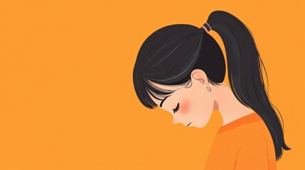 Sad girl bowing her head on orange background cartoon illustration. International Day for the Elimination of Violence against Women.