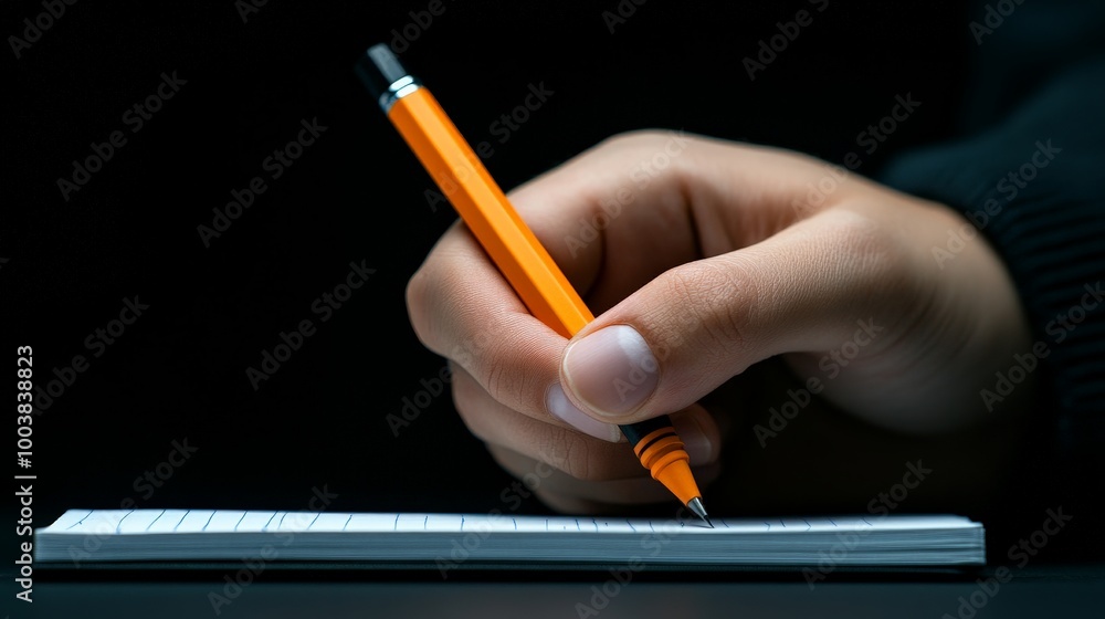 Poster hand writing on notepad: a close-up of a hand writing on a notepad with a yellow pencil, capturing t