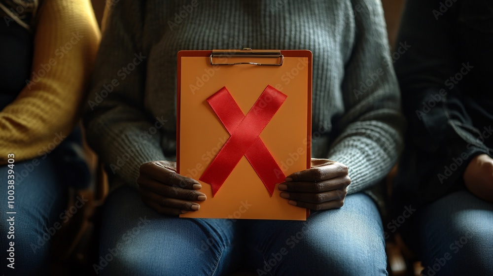 Poster medical professional holding a clipboard and red ribbon while speaking to a group about hiv preventi