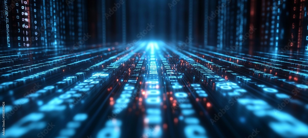 Leinwandbilder 	
Digital binary data on virtual space technology background. Generative AI technology.	
