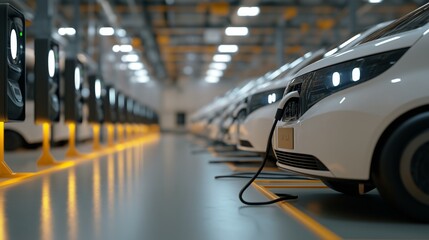 Fleet of Company Electric Vehicles Charging in the Logistics Center Warehouse