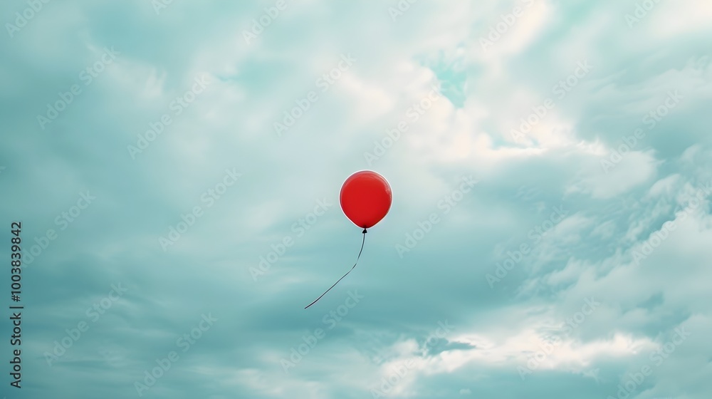 Wall mural single red balloon floating into cloudy melancholic sky representing disheartened concept