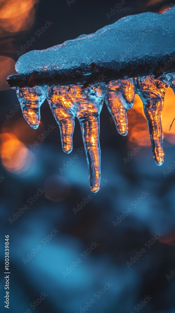 Poster icicles hanging from branch with glowing bokeh