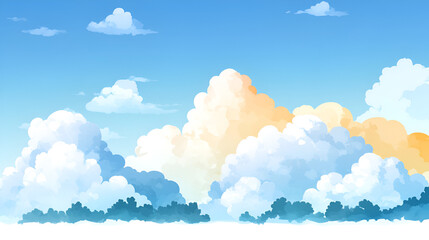 A bright sky filled with fluffy white clouds and a hint of orange hue at sunrise over a lush green landscape