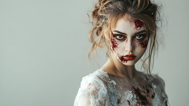woman in zombie bride costume with messy hair and dramatic makeup
