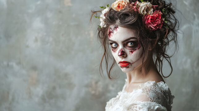 woman in zombie bride costume with messy hair and floral accents