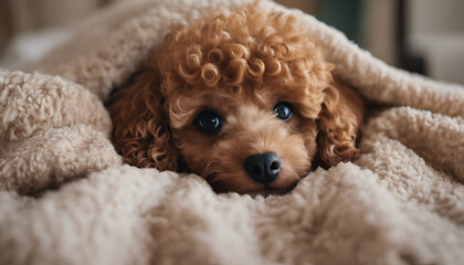 a small brown poodle puppy with curly hair pokes his head out from under a soft beige blanket