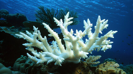 A Pacific coral has bleached due to higher than normal sea surface temperatures bleaching is the loss od symbiotic zooxanthellae from the coral s tissue with copy space image