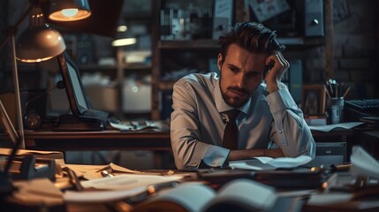 Disheartened Businessman Contemplates Rejected Proposal Amid Cluttered Desk in Dim Office Lighting
