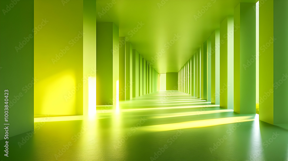 Poster green corridor: sunlight streams through columns in a modern architectural space