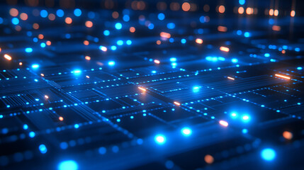 Obraz premium Illuminated circuitry with glowing lights creates a vibrant atmosphere in a digital landscape