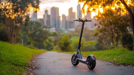 Electric scooter zipping through a green park trail, with the city in the distance, promoting eco-friendly commuting and urban mobility solutions
