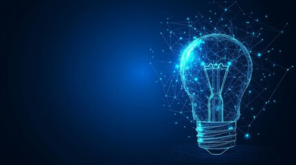 Digital Idea Abstract Lightbulb on Blue Technology Background with Connected Dots and Triangles