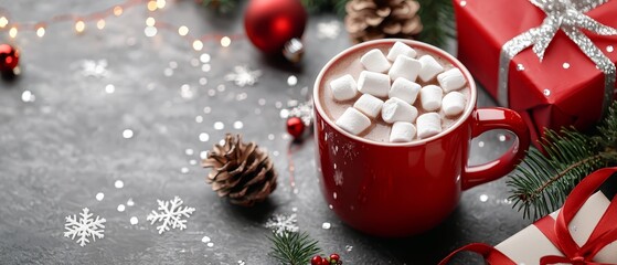  A cup of hot chocolate, topped with marshmallows, next to a Christmas decoration