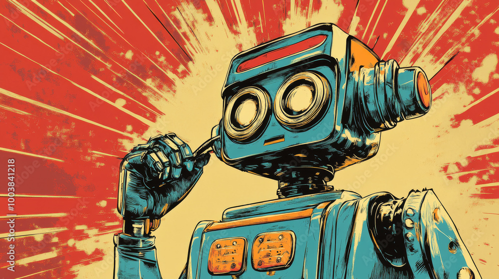 Wall mural a robot with a human-like appearance is talking on an old-fashioned rotary phone. it's a fun, retro-