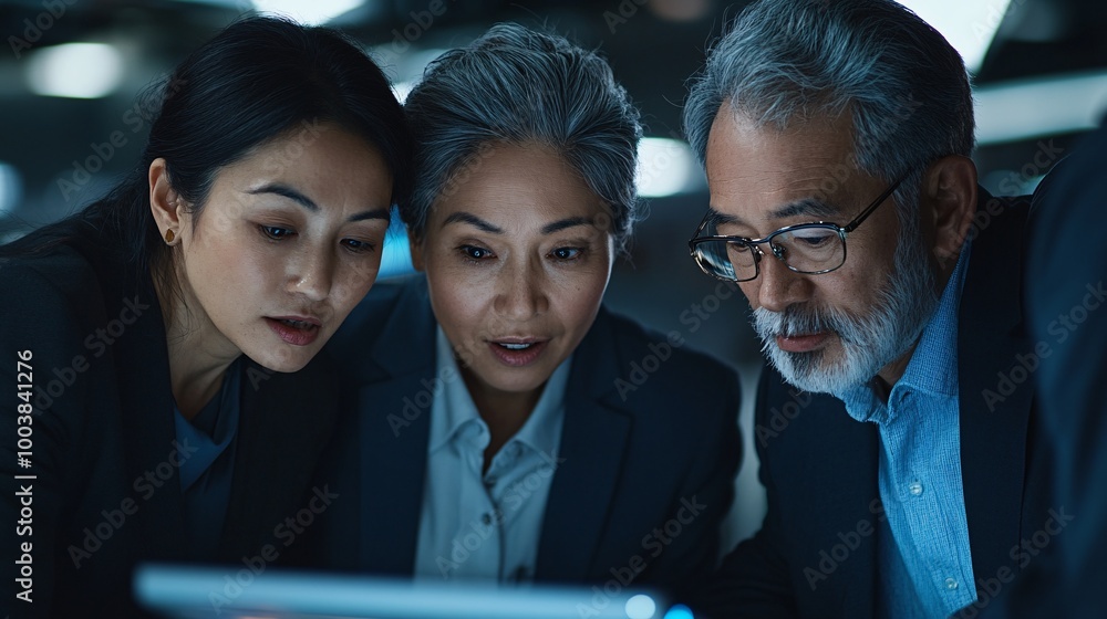 Aufkleber Group of professionals in an office setting collaborating on a project including a colleague with a visual impairment using a screen reader program Large space for text in center Stock Photo with