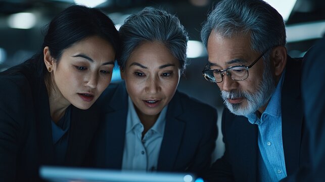 Group of professionals in an office setting collaborating on a project including a colleague with a visual impairment using a screen reader program Large space for text in center Stock Photo with