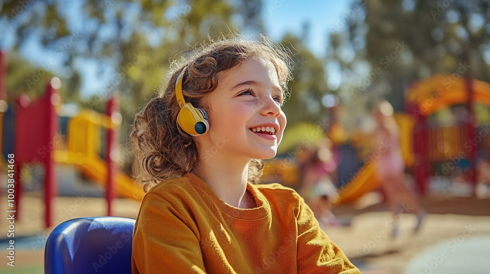 Poster Young child using a hearing aid while talking with friends at a playground illustrating social inclusion for children with disabilities Large space for text in center Stock Photo with copy space