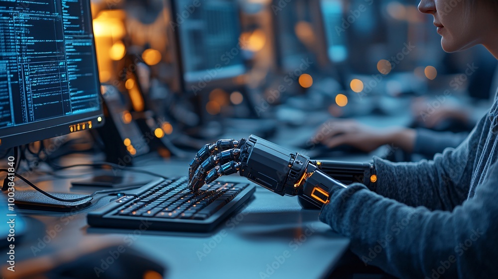 Aufkleber Person with a prosthetic arm working on a computer in a modern office setting showing the integration of adaptive technology in the workplace Large space for text in center Stock Photo with copy space