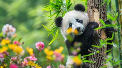 Obraz premium Giant panda eating bamboo in a zoo, cute cartoon-style illustration of a black and white panda bear