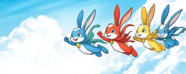 Fototapeta premium Bunny superhero team flying through the sky, saving the day, bold outlines, comic book cover design, vibrant colors