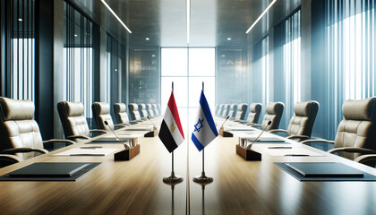 A modern conference room with Egypt and Israel flags on a long table, symbolizing a bilateral meeting or diplomatic discussions between the two nations.