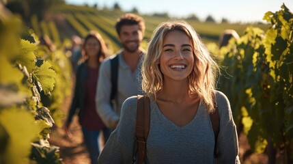A woman is smiling and walking through a vineyard with other people