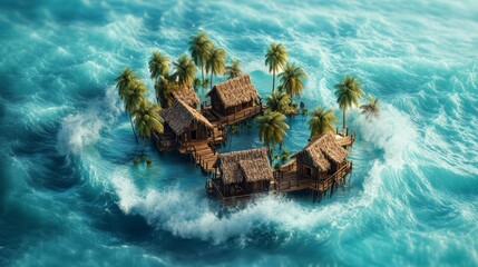 A resort with coconut trees on an island surrounded by tsunami waves in the middle of a blue background. World Tsunami Awareness Day.