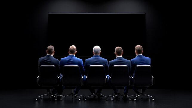 The Boardroom's Silent Witness:  A captivating image of six figures in suits, seated in chairs, facing a large blank screen.  Their backs to the viewer, they exude an air of anticipation and mystery.