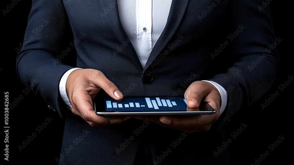 Poster data driven decisions: a businessman meticulously analyzes a chart on his tablet, showcasing the pow