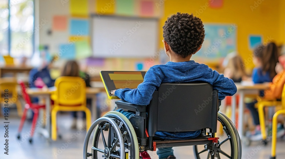 Poster Teacher giving a lesson using a projector in a classroom equipped with assistive technology for students with disabilities Large space for text in center Stock Photo with copy space