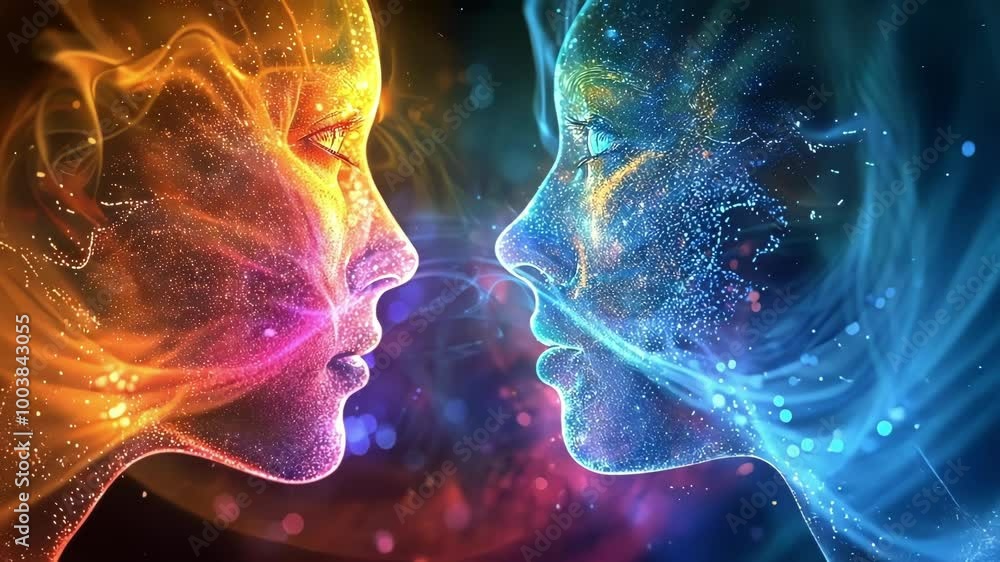 Poster two abstract faces made of particles are surrounded by colorful smoke, symbolizing the concept of ne