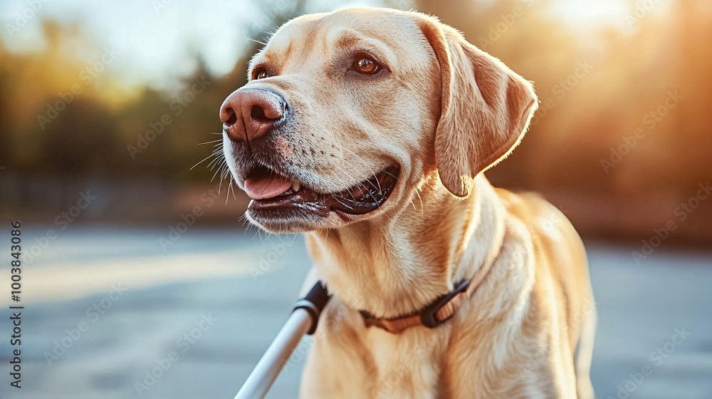 Poster Person with a visual impairment using a guide dog and a white cane while navigating a city street promoting independence and accessibility Large space for text in center Stock Photo with copy space