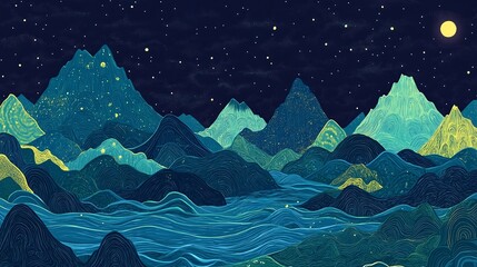 Obraz premium A cartoon-style illustration of towering mountains under a starry sky and humans crossing a deep sea, with bright colors and simple lines