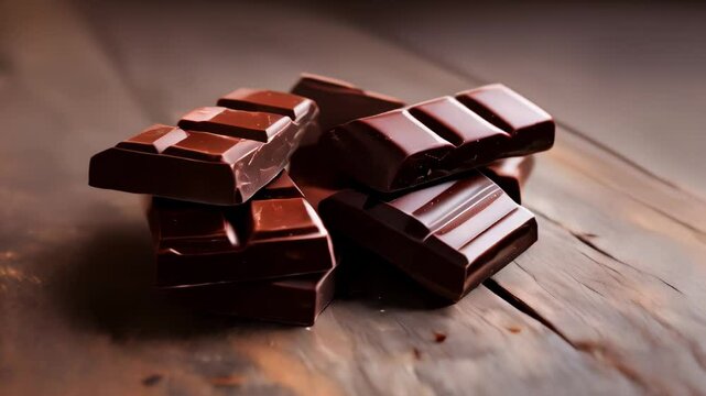 Delicious dark chocolate stacked on a rustic wooden table, showcasing rich textures and deep flavors