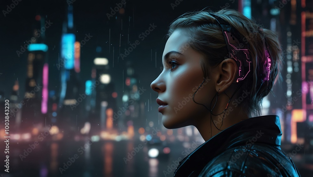 Sticker Futuristic cyberpunk cityscape with a woman's profile.