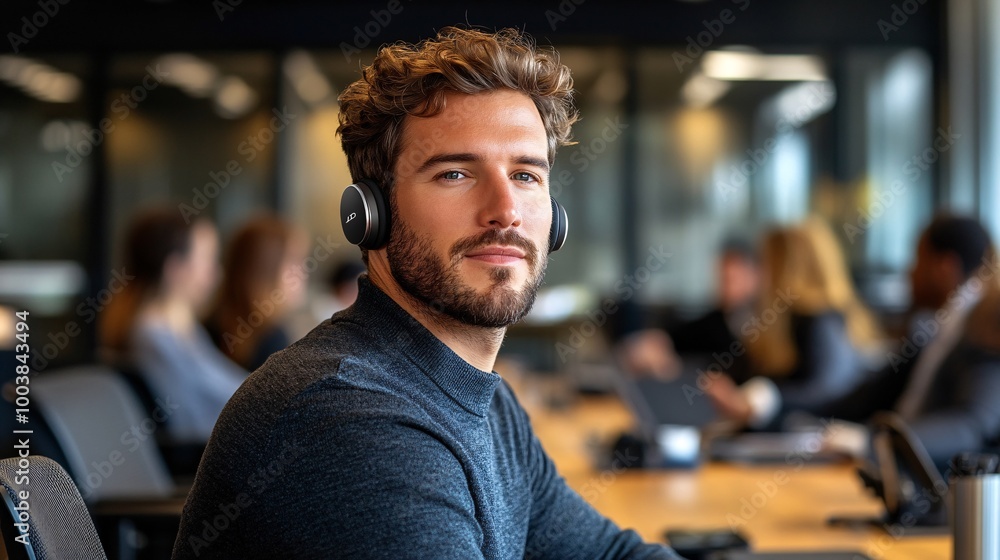 Poster young professional with a hearing aid leading a business meeting highlighting confidence and capabil