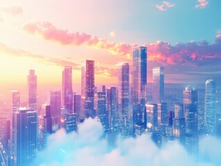 Futuristic 3D Cityscape Under Open Sky at Sunset