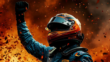 Race Car Driver Celebrates Victory in Fiery Finish Line
