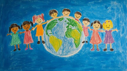 Illustration of a globe with children from different countries holding hands around the world, drawn with crayons on a blue background. International Children's Day.
