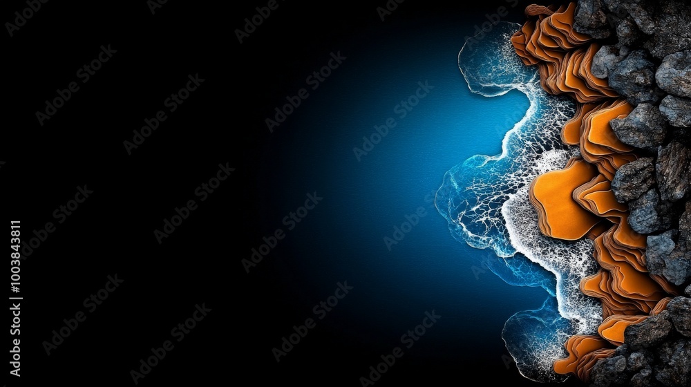 Poster abstract ocean depths: a mesmerizing abstract image of a rocky outcrop submerged in a deep blue ocea