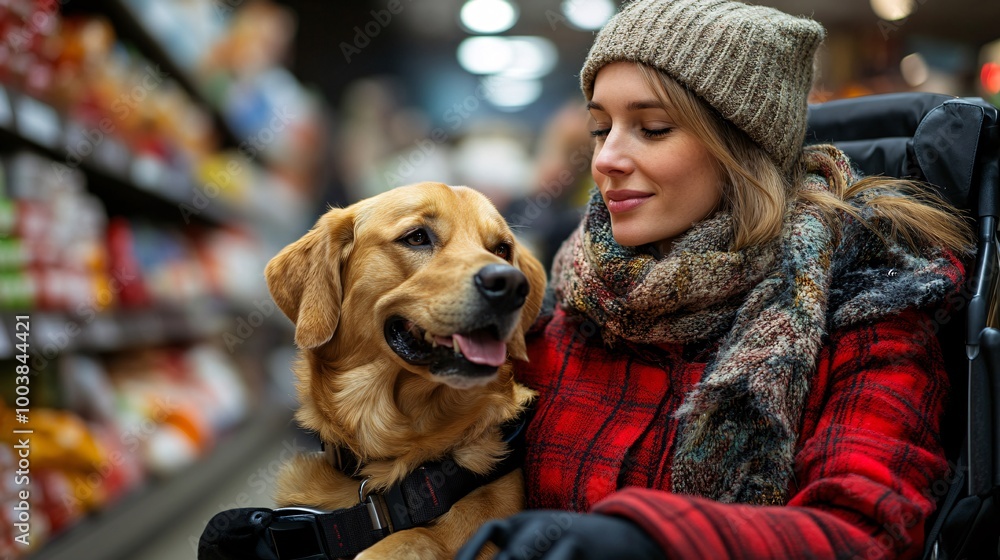 Aufkleber young woman with a guide dog shopping independently in a supermarket highlighting accessibility and 