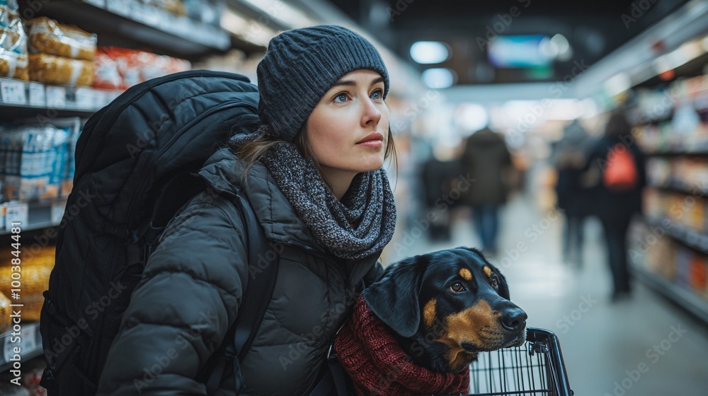 Aufkleber young woman with a guide dog shopping independently in a supermarket highlighting accessibility and 